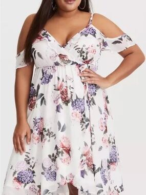 torrid White Floral Cold-Shoulder Wrap Dress with Pink & Purple Blooms